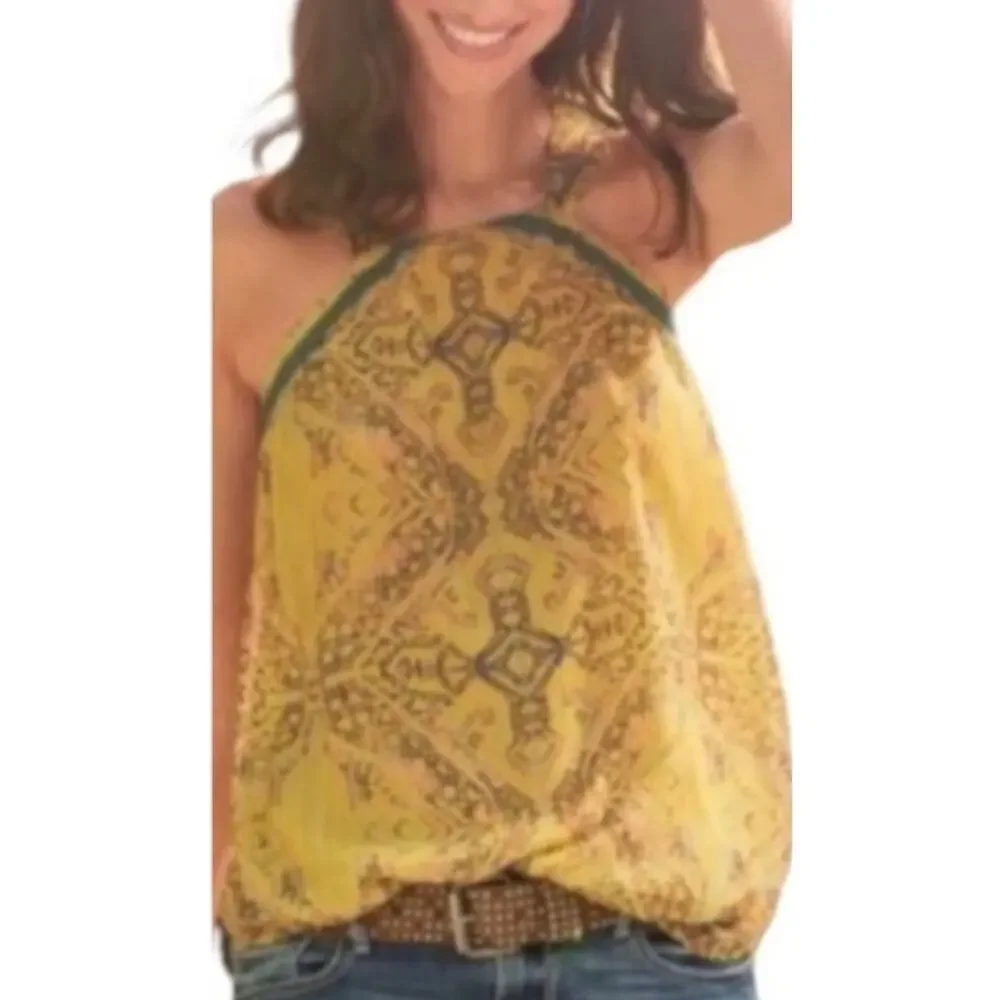 Sundance Silk Halter Top Size 16 Yellow Geometric Aztec Boho Sleeveless Blouse - Picture 7 of 7